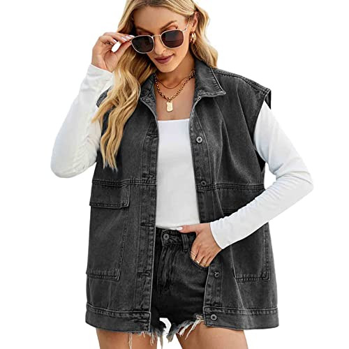 BXCNCKD Women's Denim Jean Vest Oversized Sleeveless Button Down Jean Vest Jacket (Black Grey,L) | Amazon (US)