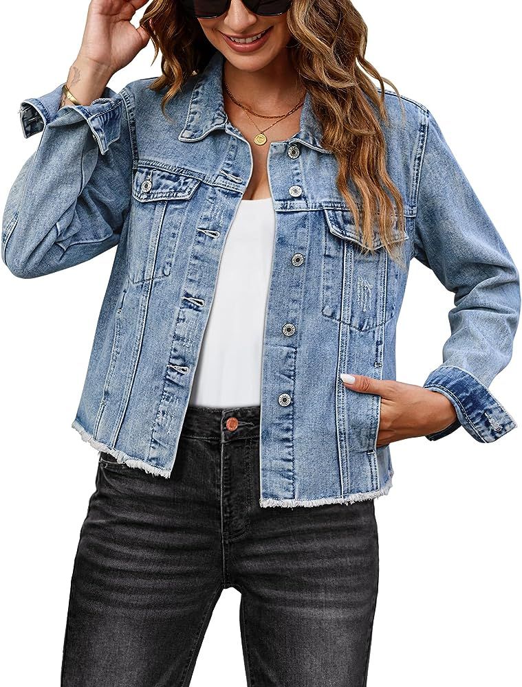 luvamia Denim Jacket for Women 2023 Distressed Jean Jackets Button Up Vintage Western Trucker Jac... | Amazon (US)