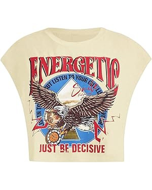 GORGLITTER Women's Graphic Print Cap Sleeve Crop Top Casual Round Neck Short Sleeve T-Shirt | Amazon (US)