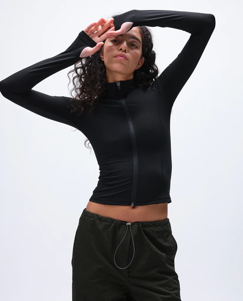Long Sleeve Zip Up Top - Black | Adanola UK