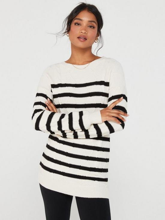 Everyday Cable Knit Stripe Crew Neck Jumper - Light Cream | Very (UK)