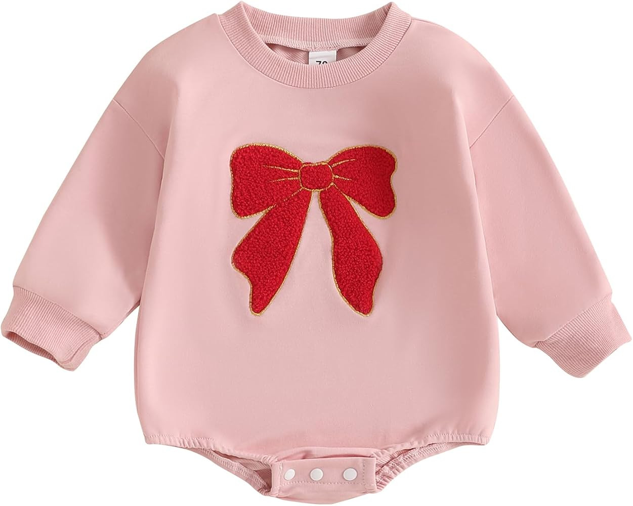 Kayotuas Baby Girl Valentines Outfit Pink Heart Embroidered Sweatshirt Romper Long Sleeve Bodysui... | Amazon (US)