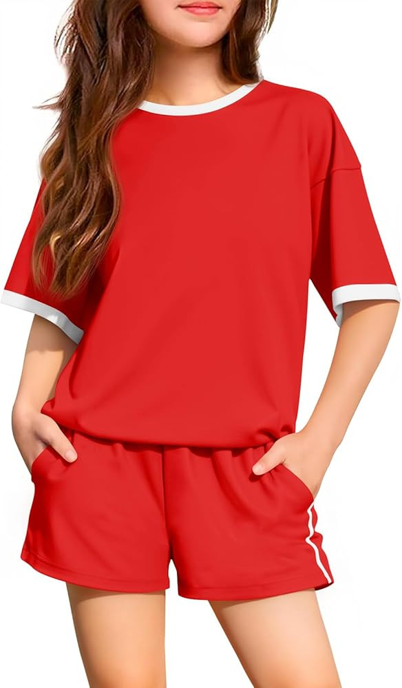 Haloumoning Girls Summer Outfits Kids Short Sleeve T Shirts and Elastic Waist Shorts 2 Piece Clot... | Amazon (US)