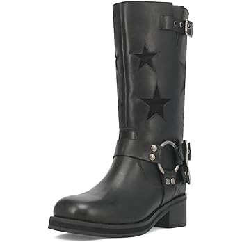 Goolita Women's Buckle Biker Knee High Boots Square Toe Chunky Heel Star Moto Mid Calf Boots Slip... | Amazon (US)