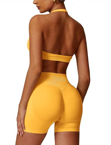 ABOCIW Womens Seamless Workout Sets Halter Sports Bra High Waist Scrunch Butt Impact Shorts 2 Piece Gym Set Yellow Large | Amazon (US)