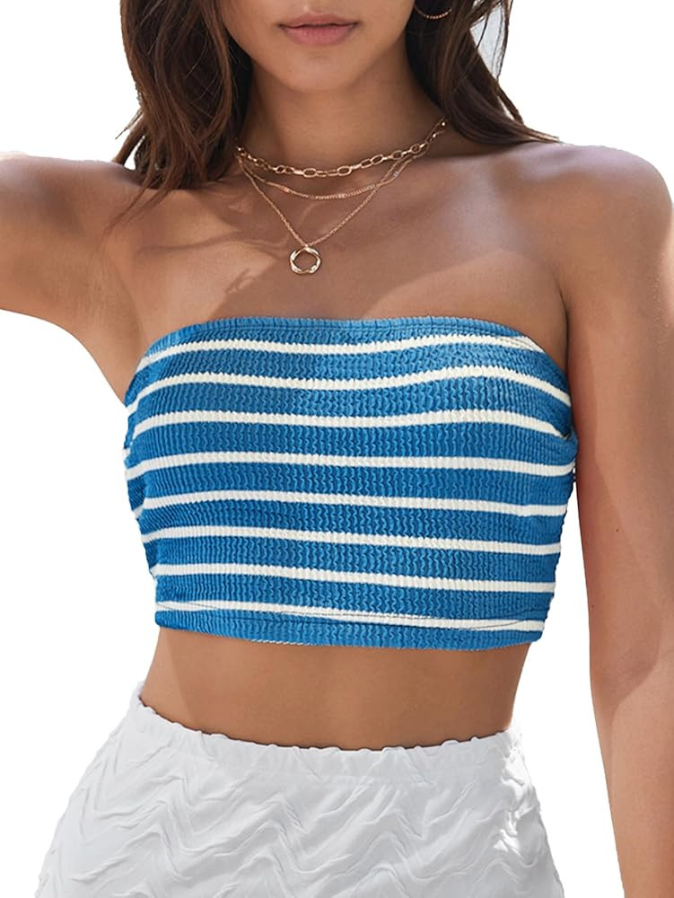 Verdusa Women's Stripe Print Tube Top Backless Strapless Crop Tops | Amazon (US)