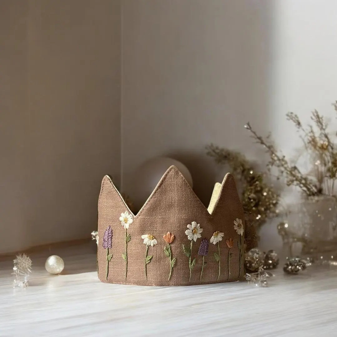 Floral Embroidery Birthday Party Crown, Hand Embroidered Linen Crown for Birthdays, Gifts for Bir... | Etsy (US)