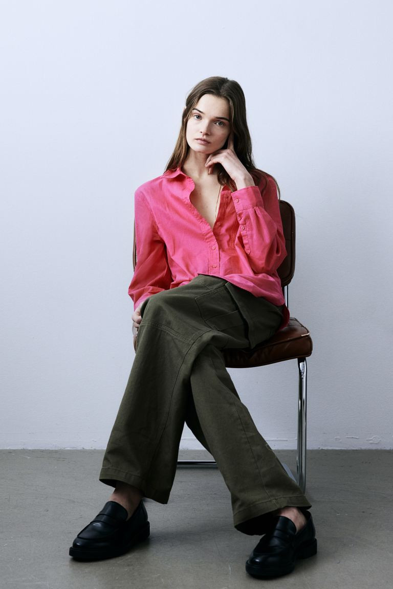 Linen-blend Shirt - Long sleeve - Regular length - Cerise - Ladies | H&M US | H&M (US + CA)