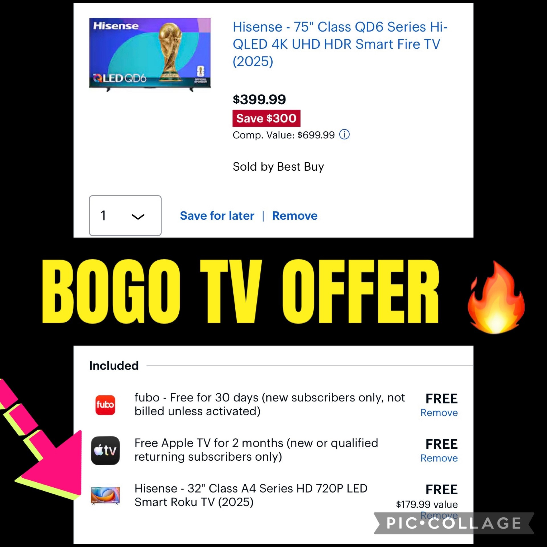 BOGO tv deal!

Buy the Hisense - 75" Class QD6 Series Hi-QLED 4K UHD HDR Smart Fire TV (2025) for $399 get the 32” FREE offer is applied at check out 🔥

#LTKSaleAlert #LTKvlog