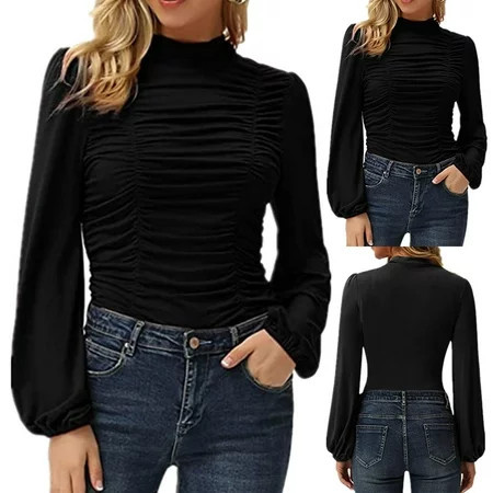 yinguo women casual solid long sleeve pleated shirts blouse tops | Walmart (US)
