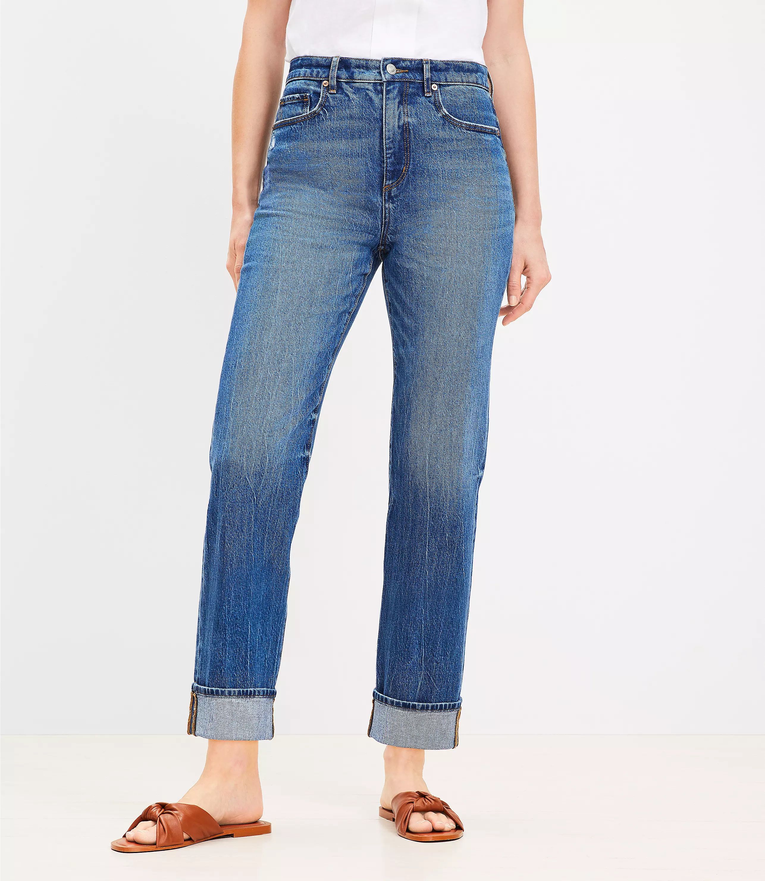 Petite Cuffed High Rise Straight Jeans in Bright Mid Indigo Wash | LOFT