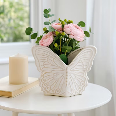 Decorative Ceramic Flower Pots for Home Decor - Indoor and Outdoor Planters with Butterfly Design for Succulents and Garden Plants - 6" Ivory & Tan | Target