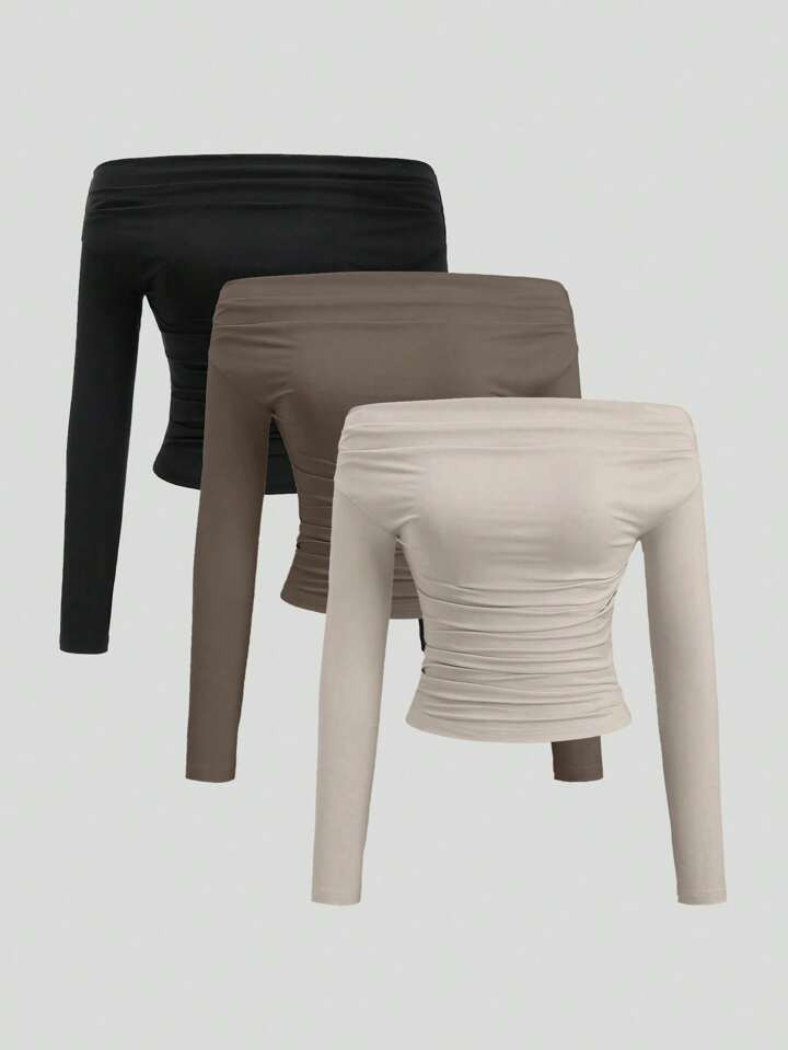 Sweetra 3-Piece Set Women Tops: Open Shoulder Long Sleeve, Form-Fitting Cropped Tops, Comfortable & Skin-Friendly, Versatile & Slimming | SHEIN