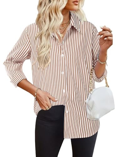 HOTOUCH Women's Button Up Shirts Striped Dress Shirts Casual Long Sleeve Blouse Dressy Work Outfits Brown White XL | Amazon (US)