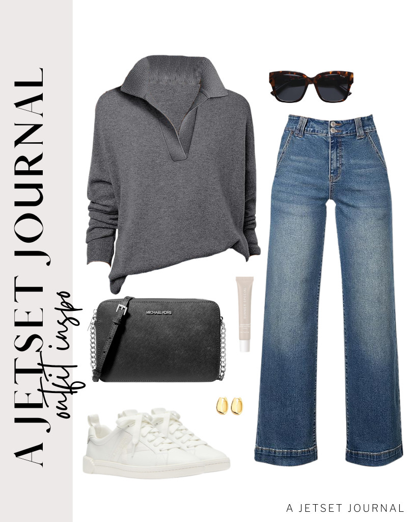 You are going to fall in love with the fit of this gray V-neck collared sweatshirt and high-waist jeans. Give the look some personality by using a Michael Kors crossbody bag and this lovely pair of white Kate Spade court sneakers. 

 #LTKSeasonal #LTKSaleAlert #LTKTravel
