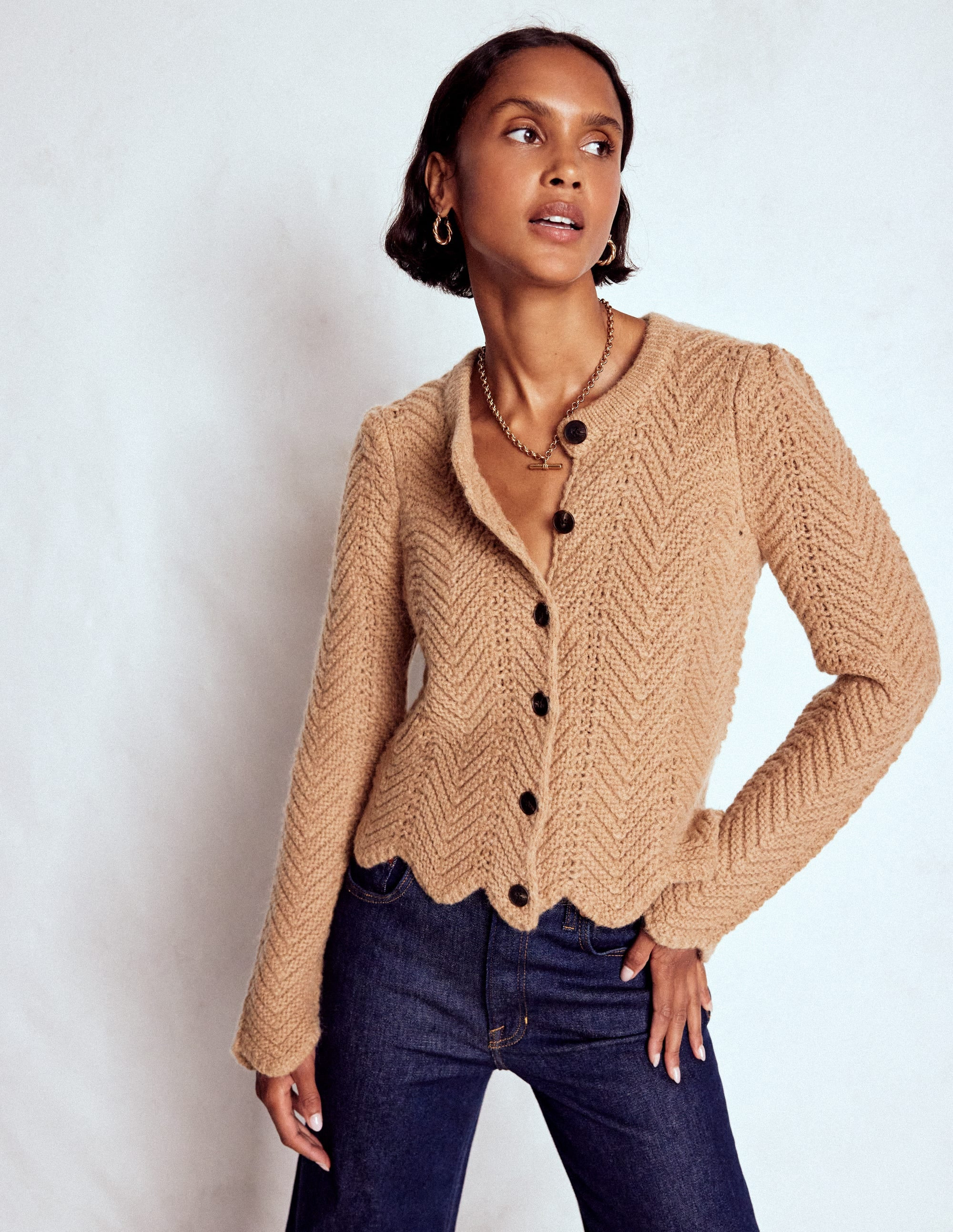 Chunky Chevron Knitted Jacket-Camel | Boden UK