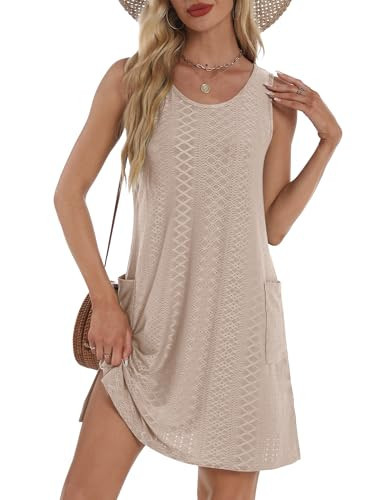 BKRIVE Swimsuit Coverup for Women Summer Dresses 2025 Loose Swing Tank Dress Cruise Outfits Sundresses with Pockets Eyelet Apricot S | Amazon (US)