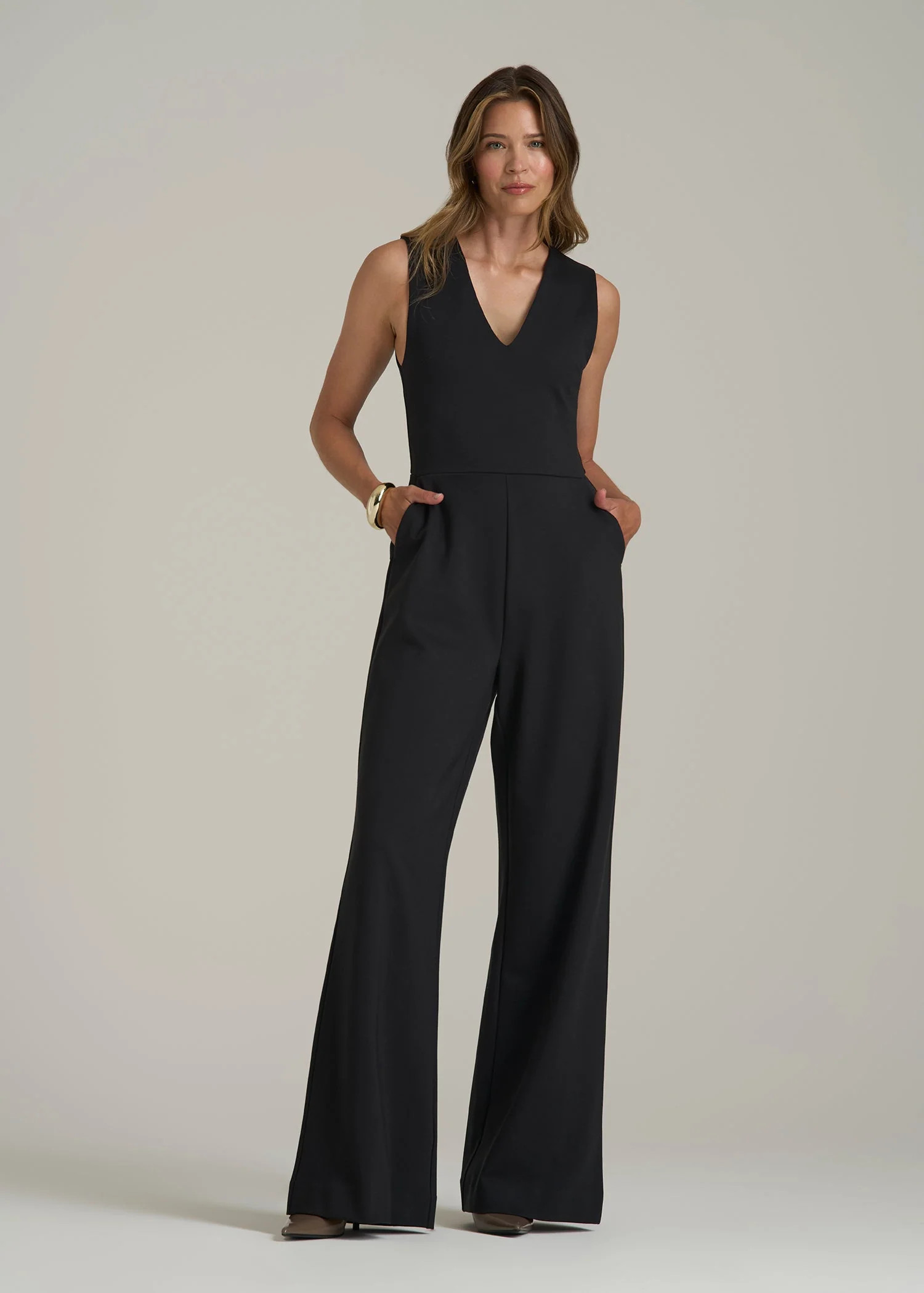 Soft Flex Ponte Wide-Leg V-Neck Jumpsuit for Tall Women in Black | American Tall
