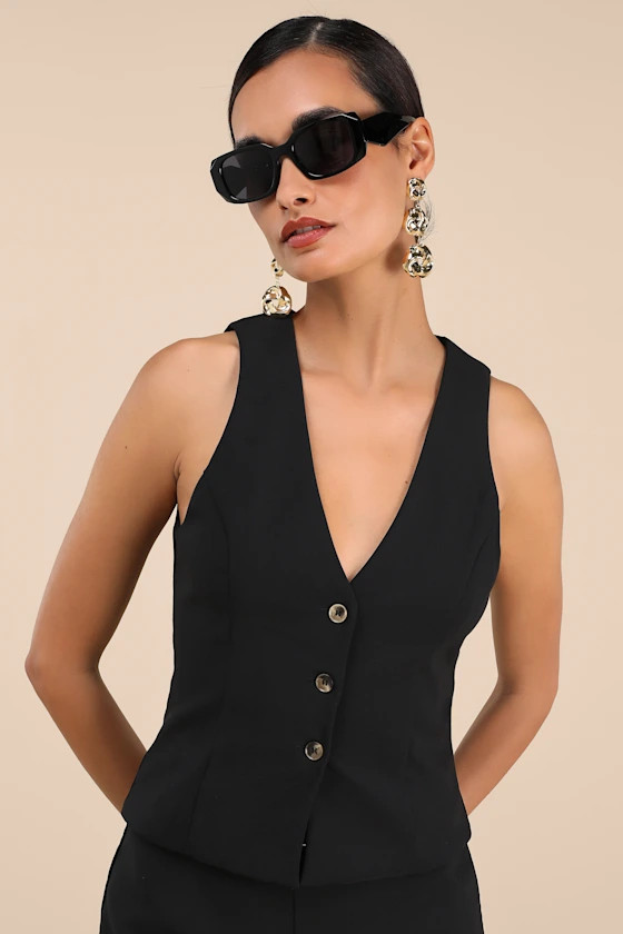 Gracinda Black Button-Front Vest Top | Lulus