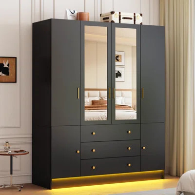 75" Tall 4 Doors Armoire Wardrobe Closet With 3 Drawers, Wooden Wardrobe Cabinet With Led Lights & Mirror, Freestanding Clothing Storage Cabinet With | Wayfair North America