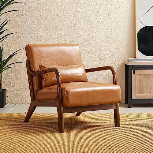 glitzhome 30" H Mid Century Yellowish Brown Accent Armchair, Single Reading Sofa, PU Leather Loun... | Amazon (US)