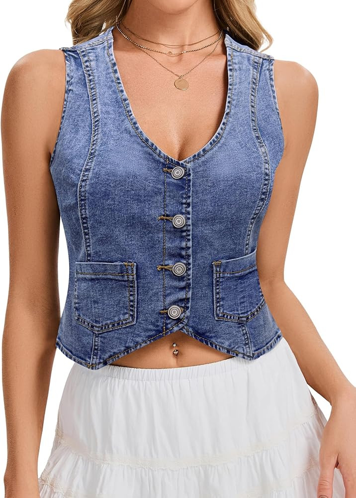 Genhoo Denim Vest Sleeveless Jean Vest Top for Women V Neck Button Down Cropped Denim Top with Po... | Amazon (US)