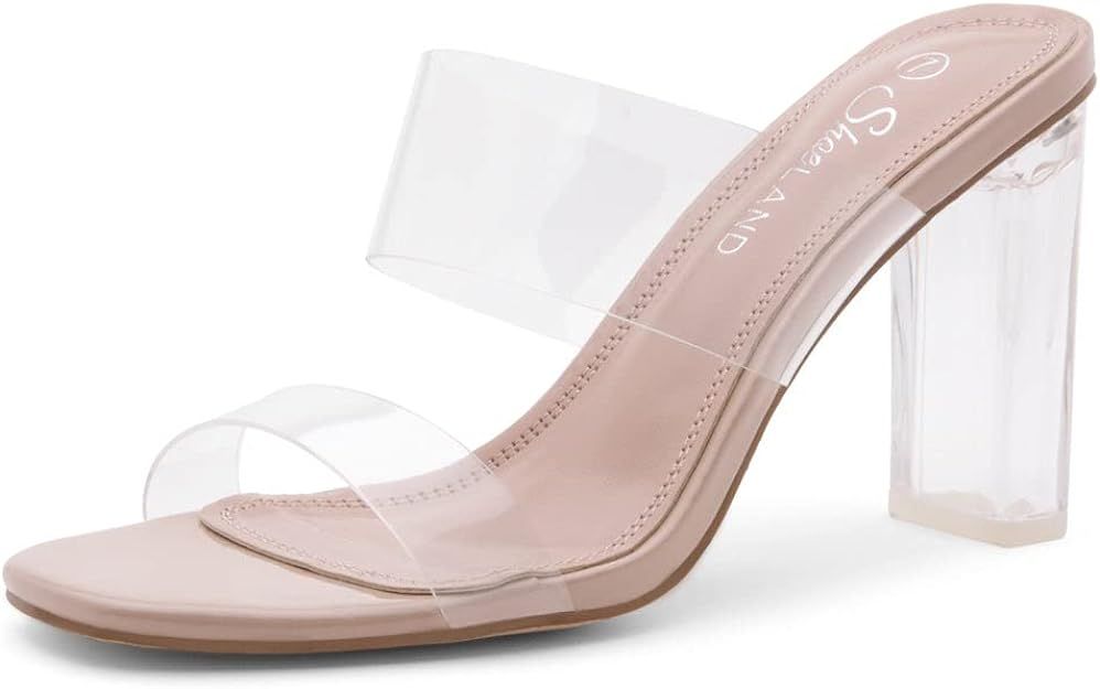 Shoe Land Brienna Women's Clear Heeled Sandals Transparent Strap Chunky Block High Heel Slides | Amazon (US)
