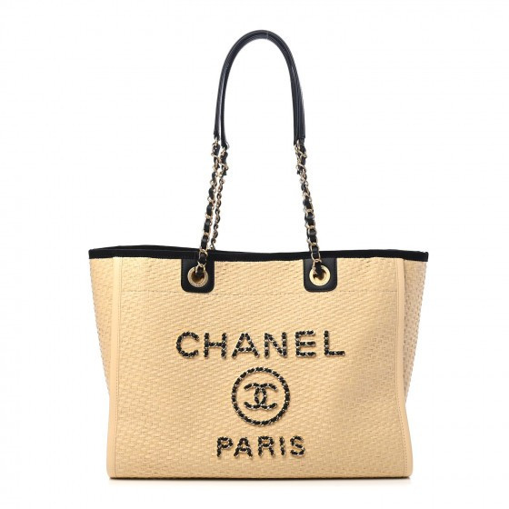 CHANEL

Straw Raffia Calfskin Chain Small Deauville Tote Beige Black | Fashionphile