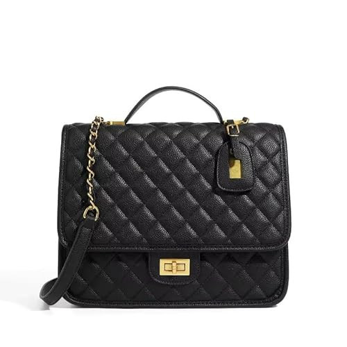 Quilted Leather Crossbody Handbag, Black, Gold Chain Strap, Top Handle | Amazon (US)