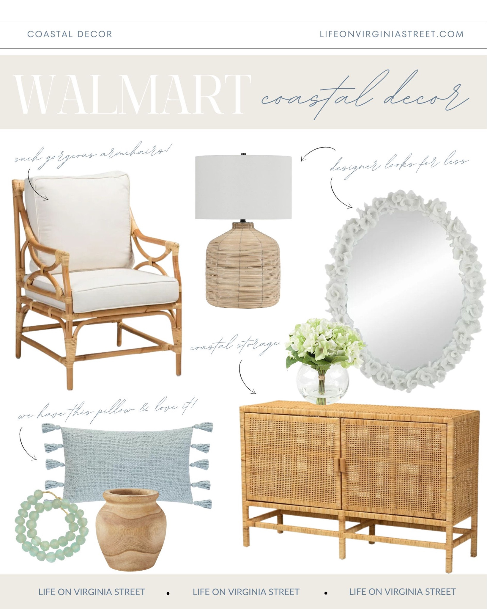 Legitimately obsessed with all of these new coastal home decor finds from @walmart! #walmartpartner I love everything from the rattan armchair,  white coral mirror, rattan lamp, rattan cabinet, blue gray tassel throw pillow, wood vase, faux hydrangea, recycled glass beads and so much more! See more finds here: https://lifeonvirginiastreet.com/walmart-coastal-home-decor/.
.
#walmarthome #walmart #ltkhome #ltkfindsunder50 #ltkfindsunder100 #ltkstyletip #ltkseasonal coastal decorating, grandmillennial decor finds, coastal grand decor

#LTKSeasonal #LTKhome #LTKsalealert