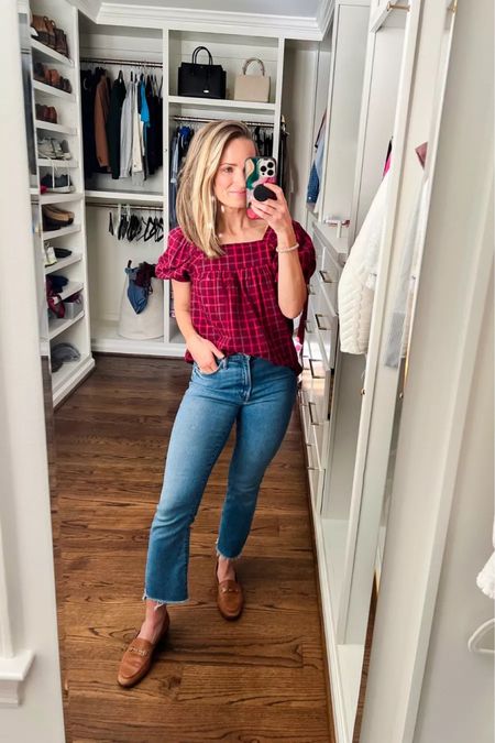 Madewell puff sleeve, red plaid top, paired with my favorite mother insider step crop jeans with tons of stretch. Wearing a 25 in these jeans.

#LTKSeasonal #LTKstyletip