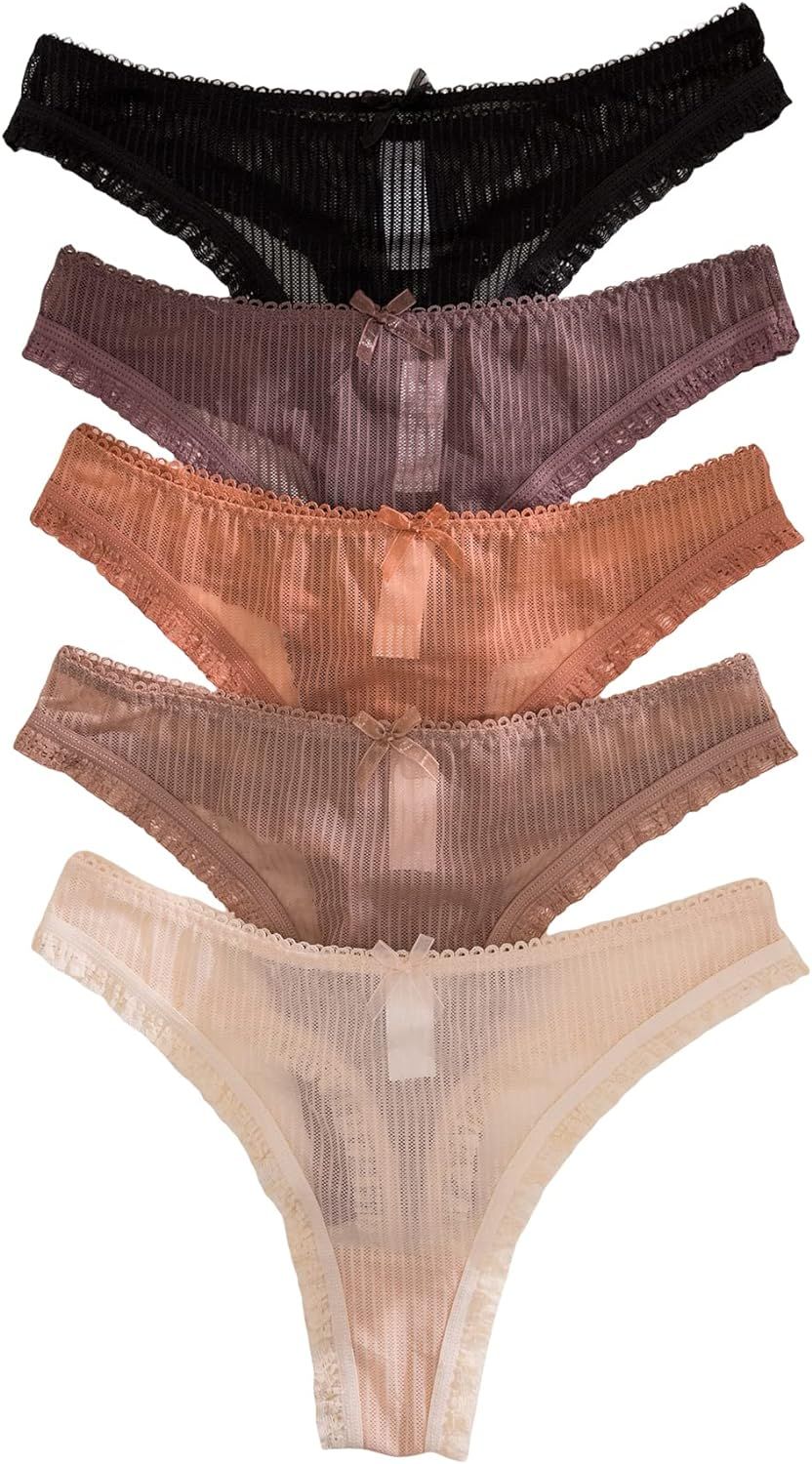 Verdusa Women's Casual 5Pack Thongs Low Rise Lace Trim Bow Decor Panty Set | Amazon (US)