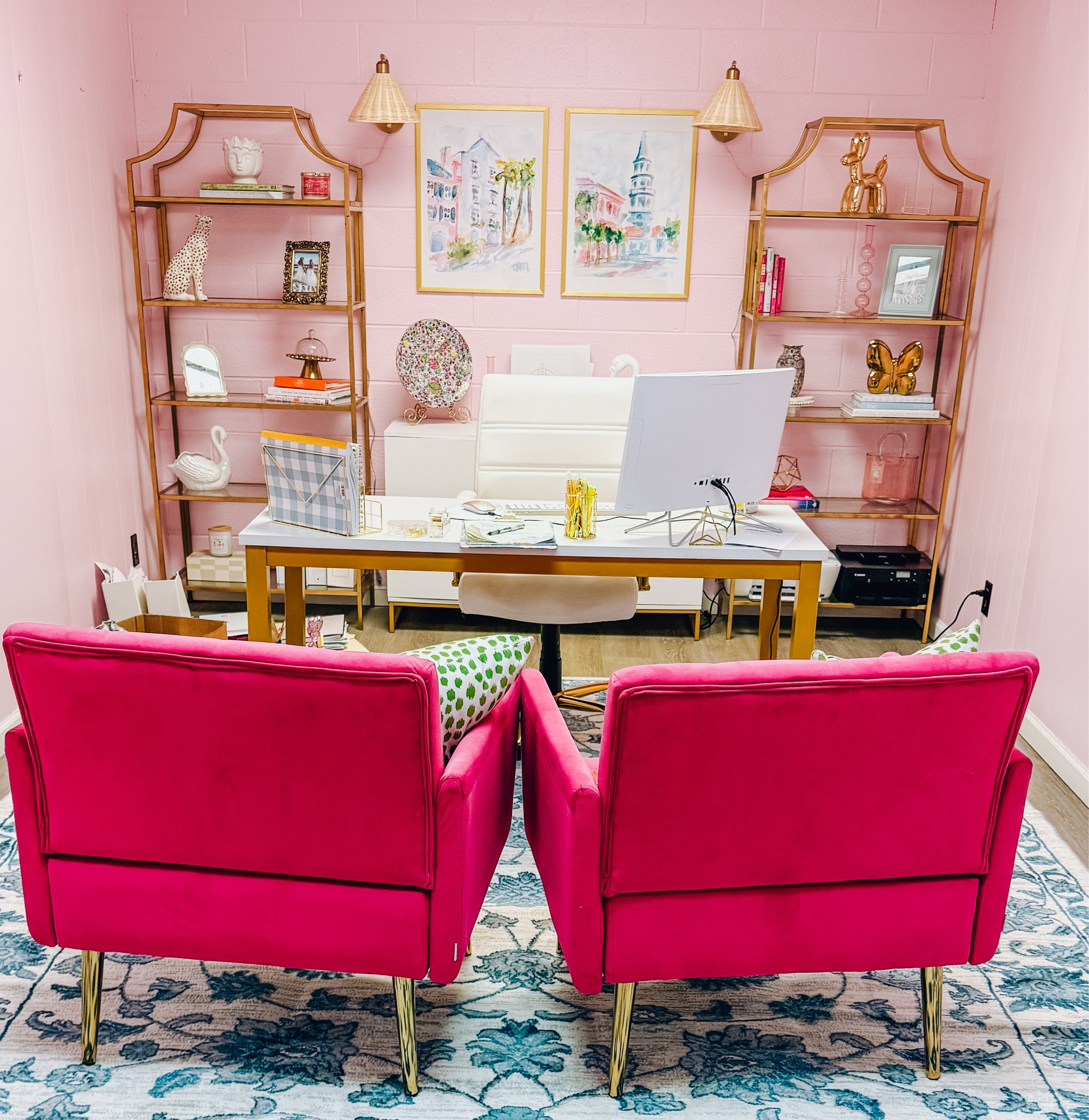 All of my office favorites. Pink office, girls office, grand millennial. #office #officedecor #grandmillenial #pinkoffice 