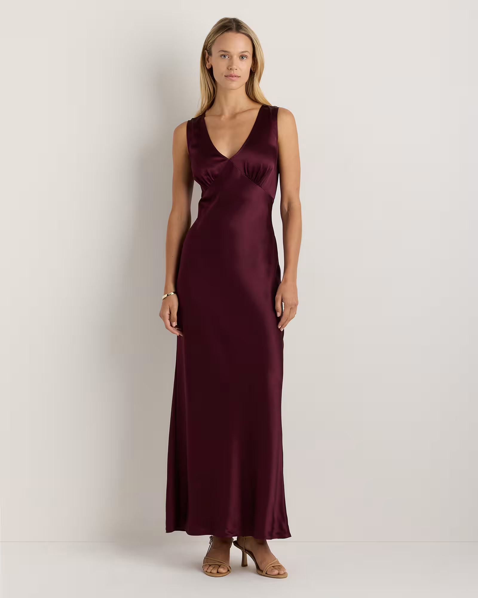 100% Washable Silk Deep V-Neck Maxi Dress in Wine Tasting Red | Quince