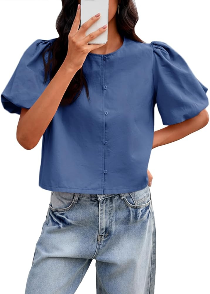 Tankaneo Womens Cropped Tops Puff Sleeve Button Down Shirts Trendy Casual Loose Fit Cute Blouse | Amazon (US)