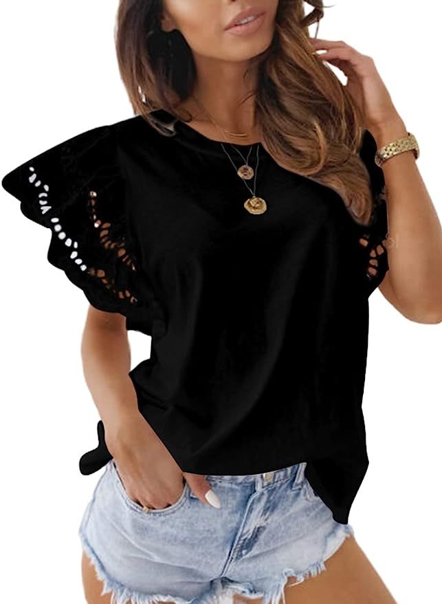 Diukia Summer Womens Casual Crewneck Hollow Out Lace Crochet Ruffle Short Sleeve T Shirts Tops | Amazon (US)