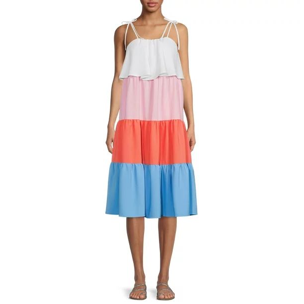 Time and Tru Women's Tie Shoulder Colorblock Midi Dress - Walmart.com | Walmart (US)