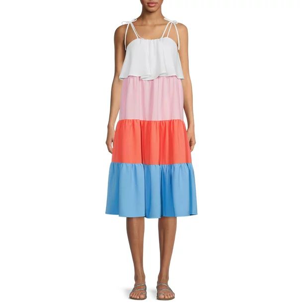 Time and Tru Women's Tie Shoulder Colorblock Midi Dress | Walmart (US)