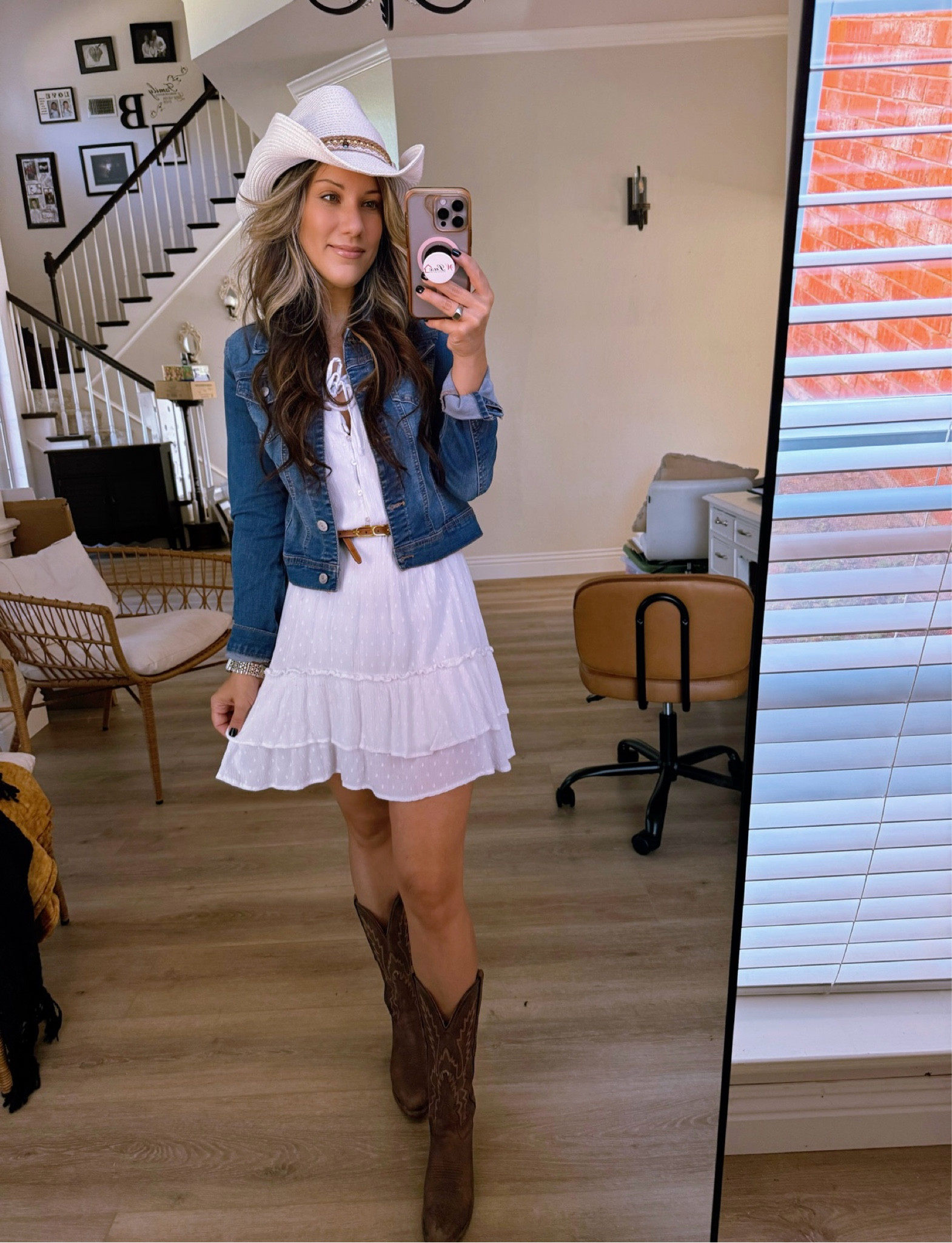 Cowgirl outfit. Dancing outfit. Cowboy boots. White dress. Denim Jacket. Cowboy hat  

#LTKShoeCrush #LTKOver40 #LTKTravel