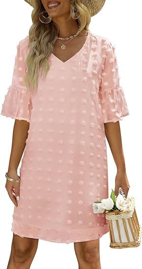 Womens Summer Short Sleeve V Neck Mini Dress Chiffon Swiss Dot Flowy Short Dress | Amazon (US)