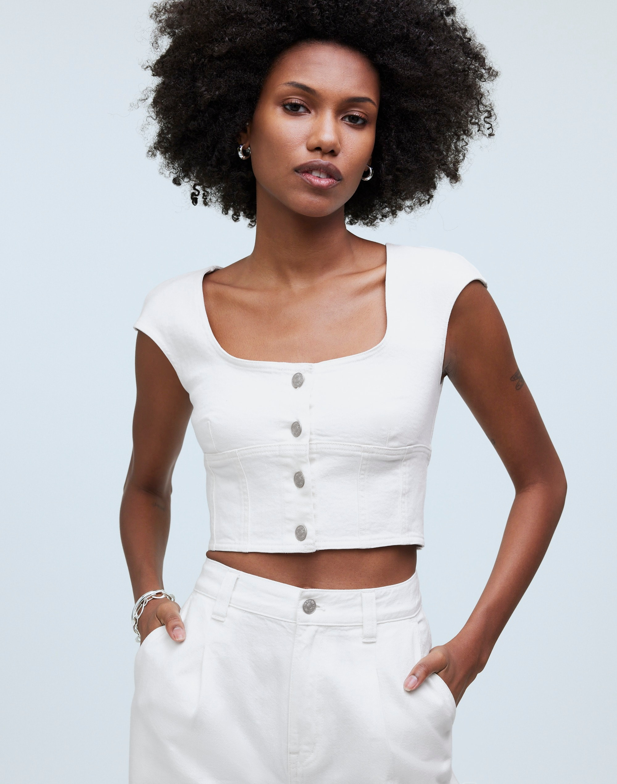Denim Darted Crop Top in Tile White | Madewell