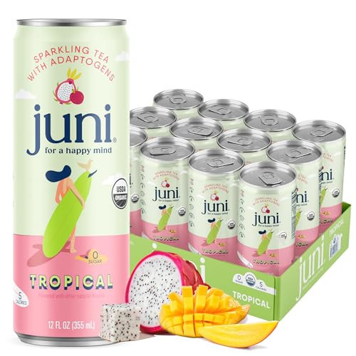 Juni Sparkling Adaptogen Drink with Ashwagandha, Lion’s Mane & Reishi Mushrooms | Green Tea for Focus, Zero Sugar, 5 Calories, Organic | Non Alcoholic Drinks - Tropical 12 pack | Amazon (US)