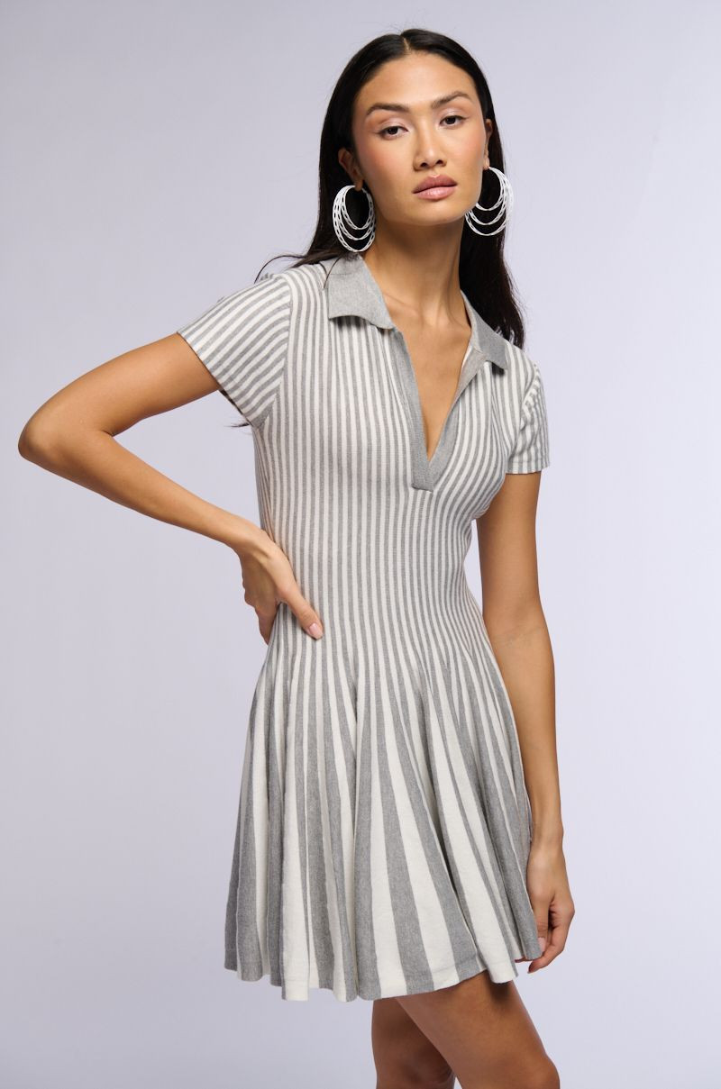 ALINA PLEATED KNIT FIT AND FLARE POLO MINI DRESS IN GREY MULTI | AKIRA