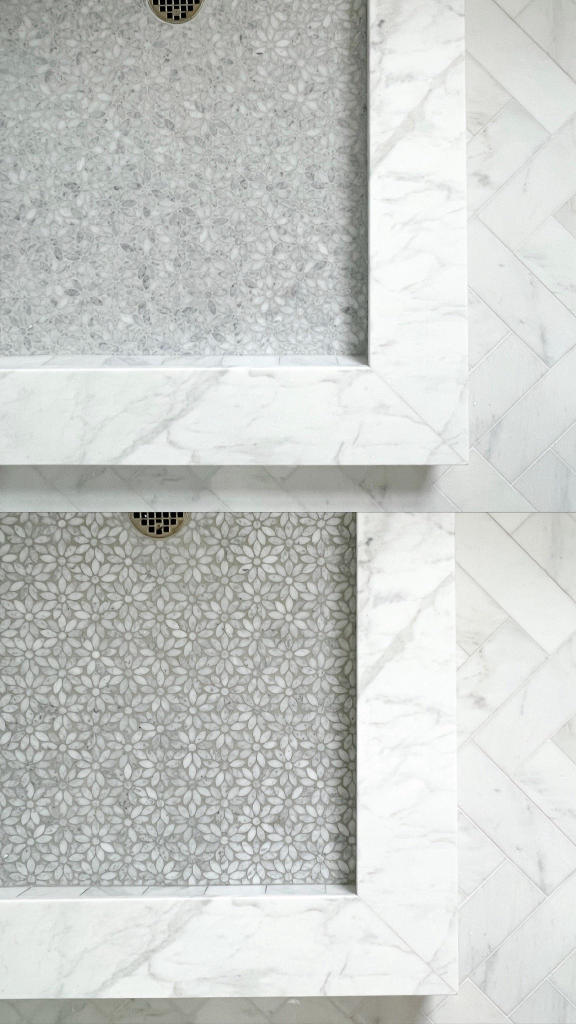 I wanted a non contrasting grout color for my bathroom shower floors, and the color difference between when it’s wet & dry is much more varied than I expected! When it’s dry the pattern is really hidden and appears more like textured pebbles, but once you add water all of the daisy pattern floral tiles really pop! 

#LTKFindsUnder50 #LTKHome