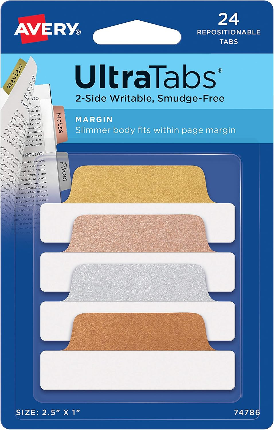 Avery Margin Ultra Tabs, 2.5" x 1", 2-Side Writable, Assorted Metallic, 24 Repositionable Page Ta... | Amazon (US)