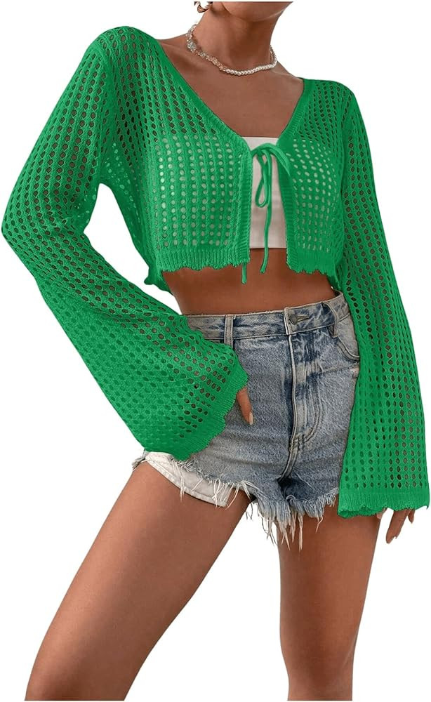SHENHE Women's Tie Front Tops Bell Long Sleeve Knit Crochet Cardigan Crop Top | Amazon (US)