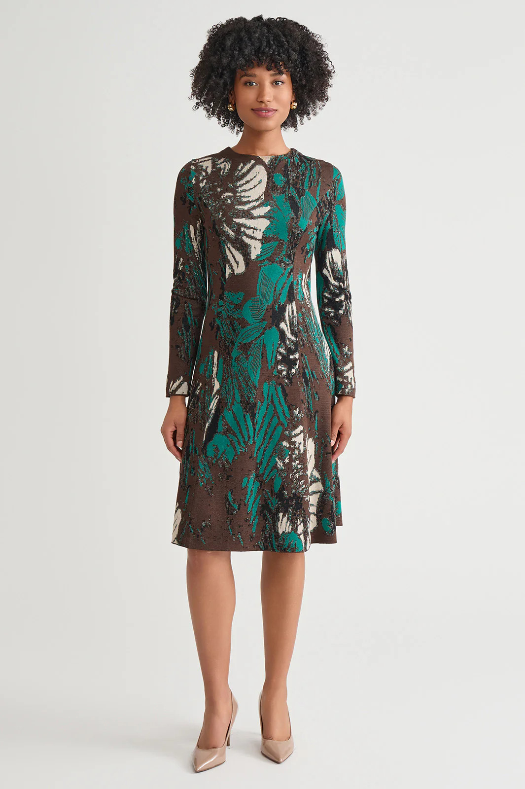 Petite A-Line Floral Jacquard Soft Knit Midi Dress | Ming Wang