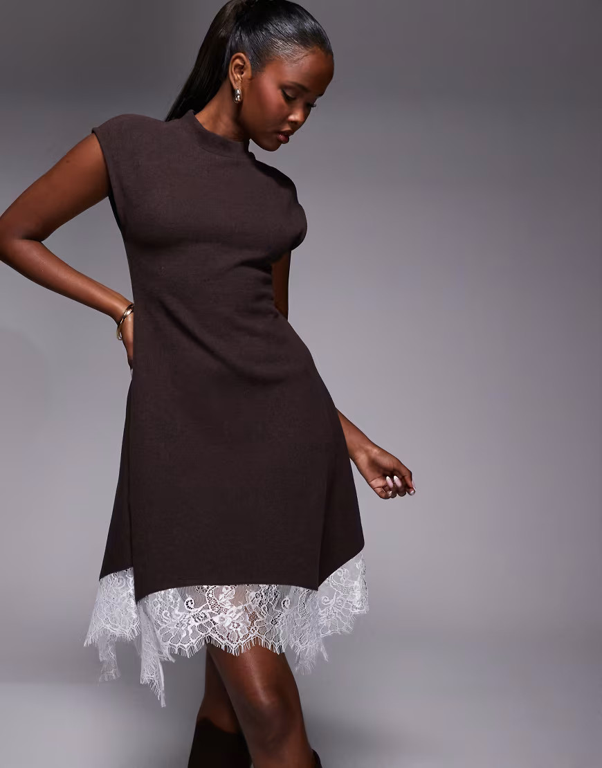 ASOS DESIGN – Hochgeschlossenes Minikleid in Schokobraun mit Zipfelsaum und Spitzenbesatz-Brown | ASOS (Global)