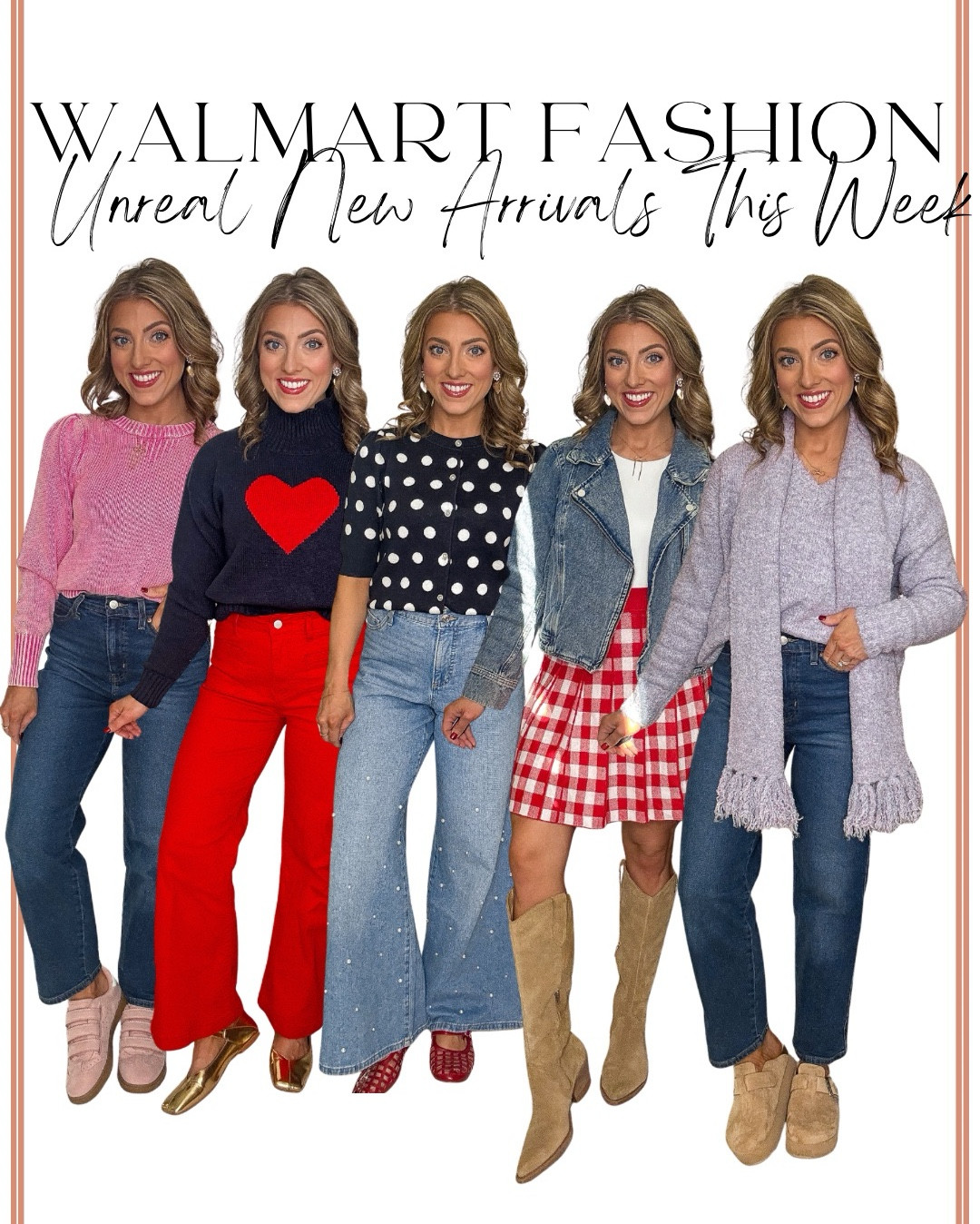Walmart new arrivals I can’t stop talking about 🤍

This week’s Walmart fashion new arrivals are SO good and full of pieces you can actually wear every day. From cozy sweaters and cardigans to cute dresses, matching sets, wide leg jeans, and layering must-haves — these are the kind of affordable finds that sell out fast 👏

I’m sharing multiple outfits styled head-to-toe Walmart, all budget-friendly and perfect for now through early spring. Think soft knits, fun details (bows, hearts, textures), comfy denim, and pieces that mix and match effortlessly for mom life, errands, work, or casual weekends.

✨ Why I love this week’s drop:
• Affordable Walmart fashion staples
• Trendy but wearable styles
• Easy layering pieces
• Great basics + fun statement items
• Perfect for everyday outfits & casual occasions

Everything is linked and ready to shop in LTK 💕

#WalmartFashion #WalmartNewArrivals #AffordableFashion #BudgetFriendlyStyle #EverydayOutfits #CasualStyle #MomStyle #WalmartFinds #LTKIt #ShopTheLook #WalmartStyle #WideLegJeans #CardiganSeason #SweaterWeather #SpringTransitionOutfits