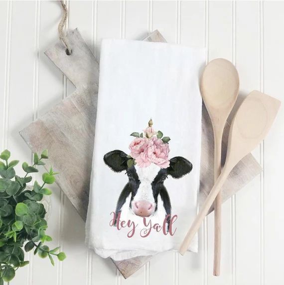 Hey y'all floral cow Flour Sack Towel Farmhouse Tea | Etsy | Etsy (US)